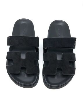 Hermès Black Suede H Slide Sandals